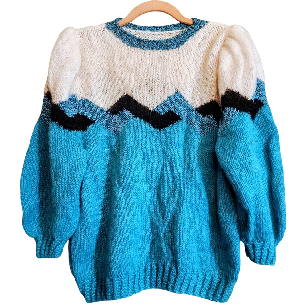 Handmade Knit Sweater Womens Med Blue White Beaded Shoulder Pads Vintage Style